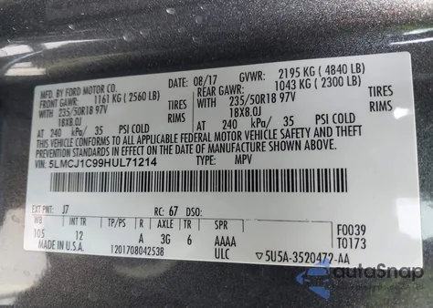 2017 Lincoln Mkc Premiere z USA, uszkodzony, nr VIN 5LMCJ1C99HUL71214